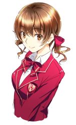 Rule 34 | 10s, 1girl, blazer, bow, bowtie, brown eyes, brown hair, curly hair, guilty crown, hair ribbon, highres, jacket, kikurage (plastic people), looking at viewer, menjou hare, ribbon, school uniform, short hair, short twintails, simple background, skirt, smile, solo, twintails, white background