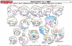 1girl bishie_sparkle blush clenched_teeth closed_eyes color_trace commentary_request expressions handa_shuuhei highres jitome looking_down looking_up multiple_views notes official_art one_eye_closed open_mouth production_art profile ramona_flowers scott_pilgrim_(series) scott_pilgrim_takes_off second-party_source short_hair simple_background sparkle teeth translation_request white_background