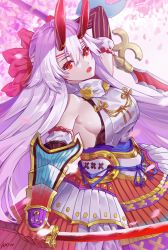 Rule 34 | 1girl, armor, bare shoulders, blue ribbon, breasts, commentary request, demon girl, detached sleeves, fate/grand order, fate (series), hair between eyes, hair ribbon, holding, holding weapon, horns, japanese clothes, large breasts, long hair, looking at viewer, oni horns, open mouth, red eyes, red ribbon, ribbon, sideboob, silver hair, solo, teeth, tomoe gozen (fate), upper teeth only, very long hair, wangxiii, weapon