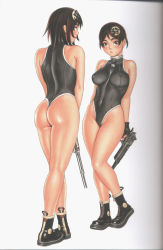 Rule 34 | 2girls, ankle boots, arms behind back, ass, back, bare shoulders, black eyes, black gloves, blush, boots, breasts, breasts apart, brown eyes, brown hair, clothes writing, covered erect nipples, covered navel, crossed legs, desert eagle, fingerless gloves, from behind, full body, gloves, gun, hair ornament, halterneck, handgun, highleg, highleg leotard, hip bones, holding, holding weapon, impossible clothes, impossible leotard, kneepits, large breasts, legs, leotard, lips, long legs, looking at viewer, looking back, multiple girls, original, panties, parted bangs, pistol, profile, satsuki (tsukasa jun), scan, short hair, simple background, skin tight, standing, thick thighs, thighs, thong, thong leotard, tsukasa jun, turtleneck, underwear, v arms, weapon, white background, wide hips, zipper
