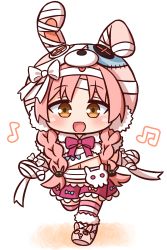 Rule 34 | 1girl, :d, absurdres, animal ears, animal hat, bandaged arm, bandaged hand, bandages, beamed eighth notes, blush, bow, braid, brown eyes, button eyes, buttons, chibi, commentary request, eighth note, fake animal ears, full body, hair ornament, hana kazari, hat, highres, long hair, looking at viewer, low twintails, mimi (halloween) (princess connect!), mimi (princess connect!), musical note, navel, open mouth, parted bangs, pink footwear, pink hair, pink hat, pleated skirt, princess connect!, purple bow, purple skirt, rabbit ears, rabbit hair ornament, rabbit hat, skirt, smile, solo, striped clothes, striped thighhighs, thighhighs, twin braids, twintails, very long hair, walking, white background