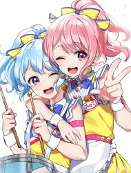 Rule 34 | 10s, 2girls, ;d, apron, arm around shoulder, bang dream!, bare shoulders, blue hair, blue neckwear, bow, bowtie, chyoling, collared shirt, commentary request, drum, drumsticks, earrings, frilled apron, frills, hair bow, high ponytail, holding, holding drumsticks, instrument, jewelry, looking at viewer, maruyama aya, matsubara kanon, multiple girls, one eye closed, open mouth, pink hair, pleated skirt, ponytail, purple eyes, round teeth, shirt, simple background, skirt, sleeveless, sleeveless shirt, smile, striped, striped bow, teeth, twitter username, upper teeth only, w, waist apron, white apron, white background, wrist cuffs, yellow bow, yellow shirt, yellow skirt