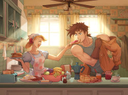 Rule 34 | 1boy, 1girl, ^ ^, apron, bacon, bandana, bare shoulders, battle tendency, blonde hair, blue eyes, bread slice, brown hair, ceiling fan, closed eyes, couple, dressing, earrings, egg, feeding, food, food in mouth, fruit bowl, gloves, hair bun, highres, husband and wife, jacket, jewelry, jojo no kimyou na bouken, joseph joestar, joseph joestar (young), kitchen, mouth hold, muscular, muscular male, norue, pancake, polka dot, polka dot apron, sausage, single hair bun, suzi q, tank top, toast, toast in mouth, toaster