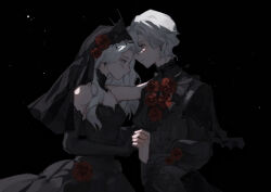 Rule 34 | 1boy, 1girl, absurdres, ada mesmer, ada mesmer (everlasting night), black background, black capelet, black collar, black dress, black gloves, black shirt, black veil, capelet, collar, cross, cross earrings, dress, dress flower, earrings, elbow gloves, emil (identity v), emil (luminary) (identity v), eye contact, facial mark, flower, flower ornament, from side, gloves, grey eyes, grey vest, hair between eyes, hair flower, hair ornament, hand on another&#039;s shoulder, highres, holding hands, identity v, jewelry, lace, lace-trimmed dress, lace-trimmed gloves, lace trim, ladyl1zan, light particles, light smile, long hair, long sleeves, looking at another, official alternate costume, parted bangs, profile, puffy long sleeves, puffy sleeves, red flower, red rose, rose, shirt, short hair, strapless, strapless dress, upper body, veil, vest, wavy hair, white hair