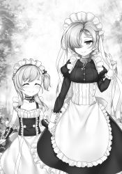 Rule 34 | 2girls, apron, azur lane, belfast (azur lane), blush, bow, breasts, closed mouth, closed eyes, facing another, flat chest, greyscale, hair over one eye, happy, highres, holding hands, index finger raised, large breasts, little bel (azur lane), long hair, long sleeves, looking at another, maid apron, maid headdress, monochrome, multiple girls, novel illustration, official art, raiou, sheffield (azur lane), short hair, smile