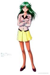 Rule 34 | 1990s (style), 1girl, asou kasumi, brown eyes, copyright name, crossed arms, full body, green hair, highres, kokura masashi, long hair, long sleeves, looking at viewer, miniskirt, official art, page number, pantyhose, retro artstyle, shirt, skirt, smile, solo, standing, striped clothes, striped shirt, tokimeki memorial, tokimeki memorial 2, yellow skirt