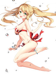 Rule 34 | 1girl, :d, ahoge, anklet, bare legs, barefoot, bead bracelet, beads, bikini, blonde hair, blush, bracelet, breasts, earrings, fate/grand order, fate (series), floating hair, full body, hair between eyes, hair intakes, halterneck, hand up, jewelry, long hair, looking at viewer, masuishi kinoto, medium breasts, nero claudius (fate), nero claudius (fate) (all), nero claudius (swimsuit caster) (fate), open mouth, plantar flexion, red bikini, sideboob, sidelocks, simple background, smile, solo, striped bikini, striped clothes, swimsuit, twintails, very long hair, water drop, white background, white bikini