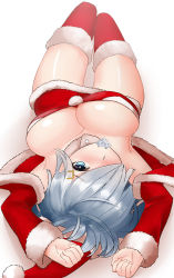 Rule 34 | 10s, 1girl, blue eyes, blush, breasts, christmas, cleavage, condom, condom wrapper, downblouse, hair ornament, hair over one eye, hairclip, hamakaze (kancolle), kantai collection, large breasts, looking at viewer, lying, mouth hold, on back, open clothes, short hair, silver hair, simple background, sin (kami148), skirt, solo, thighhighs, upside-down, white background