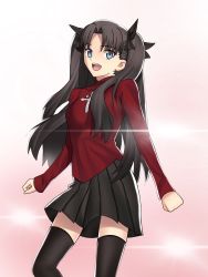 Rule 34 | :d, berrykanry, black bow, black hair, black skirt, black thighhighs, blue eyes, bow, fate/stay night, fate (series), hair bow, highres, long hair, long sleeves, looking at viewer, miniskirt, multiple girls, open mouth, pleated skirt, red shirt, shirt, skirt, smile, solo, standing, thighhighs, tohsaka rin, twintails, very long hair, zettai ryouiki