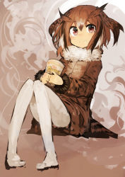 Rule 34 | 10s, 1girl, absurdres, blush, brown hair, closed mouth, coat, drooling, eurasian eagle owl (kemono friends), full body, fur trim, head wings, highres, kaamin (mariarose753), kemono friends, long sleeves, looking at viewer, nissin cup noodle, pantyhose, red eyes, short hair, sitting, solo, white pantyhose, wings