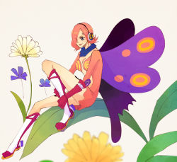 Rule 34 | 1girl, beige background, boots, breasts, butterfly wings, center opening, cleavage, flower, gloves, hair over one eye, headphones, insect wings, leaf, leg tattoo, one piece, pink hair, purple eyes, simple background, sitting, solo, tattoo, vinsmoke reiju, wings