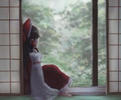 Rule 34 | 1girl, architecture, barefoot, black hair, bow, detached sleeves, east asian architecture, from behind, hair bow, hair ribbon, hair tubes, hakurei reimu, kibisake, looking outside, porch, rain, ribbon, sidelocks, sitting, sliding doors, solo, touhou, wide sleeves, wooden floor