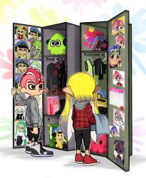 Rule 34 | 1boy, 1girl, :d, agent 3 (splatoon), agent 8 (splatoon), black eyes, black footwear, black pants, black sweater, blonde hair, blue headwear, blush, book, breasts, calendar (object), camisole, cleavage, closed eyes, clothes hanger, commentary, cup, dress, english commentary, flower, formal, from behind, grey sweater, hair flower, hair ornament, heart, high-visibility vest, highres, inkling, inkling girl, inkling player character, jacket, locker, looking at another, looking back, looking down, medium breasts, mug, nintendo, octoling, octoling boy, octoling player character, open mouth, pants, photo (object), plaid, plaid jacket, red dress, red footwear, red hair, shoes, shorts, smile, sneakers, splatoon (series), stuffed toy, suction cups, suit, sweater, tentacle hair, unamused, white suit, yurami18
