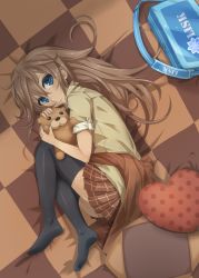 Rule 34 | 1girl, absurdres, bag, bed sheet, black thighhighs, blue eyes, brown hair, clothes around waist, hugging doll, female focus, fetal position, full body, heart, heart-shaped pillow, highres, jacket, jacket around waist, long hair, looking at viewer, lying, hugging object, on side, original, pillow, plaid, plaid skirt, pleated skirt, pondel, school bag, skirt, solo, stuffed animal, stuffed toy, teddy bear, thighhighs