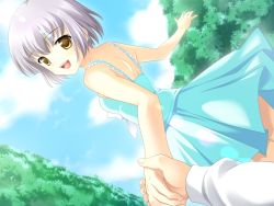 Rule 34 | 1girl, :d, aa! ojou-sama!, back, blush, bob cut, brown eyes, cloud, couple, day, dragging, dress, dutch angle, flat chest, from behind, game cg, holding hands, happy, hashino sumi, lens flare, looking back, nekokan (cat&#039;s cradle), open mouth, outdoors, pleated skirt, pov, short hair, silver hair, skirt, sky, smile, solo focus, sundress, yellow eyes