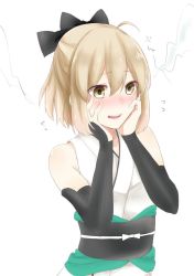 Rule 34 | 1girl, ahoge, black bow, black gloves, blonde hair, blush, bow, commentary request, elbow gloves, embarrassed, fate/grand order, fate (series), gloves, hair bow, hands on own cheeks, hands on own face, japanese clothes, koha-ace, nose blush, obi, okita souji (fate), okita souji (koha-ace), open mouth, sash, short hair, solo, tareme, type-moon, upper body, y neru, yellow eyes