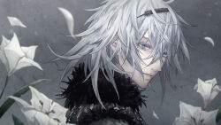 Rule 34 | 1boy, blurry, blurry background, coat, colored eyelashes, commentary, flower, fur-trimmed coat, fur trim, grey background, grey eyes, hair between eyes, highres, male focus, nier, nier (brother), nier (series), parted lips, setsumushi, solo, upper body, white flower, white hair