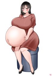 Rule 34 | 1girl, absurdres, artist name, bayoshii, big belly, black hair, blush, breasts, curvy, dress, earrings, glasses, hands on own stomach, high heels, highres, huge breasts, jewelry, looking at viewer, medium hair, navel, necklace, open clothes, open dress, original, outie navel, parted lips, pregnant, pumps, red eyes, shoes, sidelocks, signature, sitting, solo, stomach, thick thighs, thighs, white background, wide hips