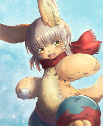 Rule 34 | 1other, :3, absurdres, androgynous, brown fur, furry, highres, holding snowball, horizontal pupils, made in abyss, nanachi (made in abyss), neru5572 (onerumaster), open mouth, other focus, puffy pants, red scarf, scarf, tail, whiskers, white hair, yellow eyes