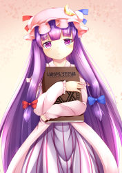 Rule 34 | 1girl, blunt bangs, blush, book, cowboy shot, crescent, crescent hair ornament, double bun, dress, eyelashes, frown, gradient background, hair bun, hair ornament, hair ribbon, hat, hat ribbon, head tilt, hexagram, highres, holding, holding book, hugging book, hugging object, kirimori toya, long hair, long sleeves, looking at viewer, magic circle, mob cap, patchouli knowledge, pink background, pink hat, pink robe, purple eyes, purple hair, ribbon, robe, sidelocks, solo, standing, striped clothes, striped dress, touhou, tress ribbon, very long hair