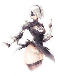 Rule 34 | 1girl, black dress, black gloves, blindfold, breasts, brown thighhighs, cleavage, dress, gloves, highleg, hometa, large breasts, leotard, light smile, lips, mole, mole under mouth, nier (series), nier:automata, short hair, simple background, skindentation, solo, thick thighs, thighhighs, thighs, white background, white gloves, white hair, white leotard, 2b (nier:automata)