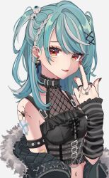 Rule 34 | 1girl, :3, bare shoulders, black jacket, black shirt, black sleeves, blue hair, braid, choker, detached sleeves, earrings, fingernails, fur-trimmed jacket, fur trim, hair ornament, hairclip, highres, jacket, jacket partially removed, jewelry, looking at viewer, middle finger, midriff, miyamura (miyaaaaaq q), multicolored eyes, multicolored hair, navel, off shoulder, open mouth, orange eyes, red eyes, ring, see-through, see-through shirt, shiranami ramune, shirt, simple background, sleeves past wrists, solo, streaked hair, tattoo, upper body, virtual youtuber, vspo!, white hair