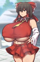 Rule 34 | 1girl, abs, alternate breast size, black hair, breasts, detached sleeves, hair ribbon, hair tubes, hakurei reimu, hand on own hip, highres, huge breasts, japanese clothes, medium hair, miko, navel, nikuatsu magician shinbo, red eyes, red ribbon, red skirt, red vest, ribbon, skirt, thighs, tight clothes, touhou, underboob, vest, white sleeves, yellow tie