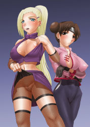 Rule 34 | 2girls, blonde hair, blue eyes, blush, breasts, brown eyes, brown hair, cleavage, clothes lift, covered erect nipples, double bun, earrings, fishnets, forehead protector, gloves, jewelry, kotobuki utage, large breasts, long hair, midriff, multiple girls, naruto (series), naruto shippuuden, navel, nipple slip, nipples, no panties, open clothes, open shirt, ponytail, pubic hair, pussy, shirt, skin tight, skirt, skirt lift, standing, tenten (naruto), thighhighs, uncensored, yamanaka ino