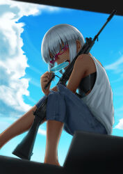 Rule 34 | 1girl, absurdres, battle rifle, black sports bra, blue pants, blue sky, blush, breasts, cloud, dark-skinned female, dark skin, denim, feet out of frame, fn fal, food, food in mouth, from below, glasses, gun, highres, jeans, looking at viewer, medium hair, open mouth, original, outdoors, pants, pink-framed eyewear, pink eyes, popsicle, popsicle in mouth, rifle, sekino takehiro, semi-rimless eyewear, shirt, sky, small breasts, solo, sports bra, sweat, teeth, tongue, torn clothes, weapon, white hair, white shirt