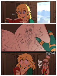 Rule 34 | ..., 1boy, 1girl, 3koma, \m/, absurdres, archaic set (zelda), blonde hair, blue eyes, blush, book, breast expansion, breasts, caught, closing door, colored skin, comic, detached sleeves, drawing, earrings, english text, eyeshadow, glasses, goggles, goggles on head, green skin, hair bun, hair ornament, hairpin, handjob gesture, highres, holding, holding book, holding sketchbook, indoors, jewelry, link, looking at another, makeup, medium hair, naughty face, nintendo, oral invitation, purah, reading, red eyes, red eyeshadow, round eyewear, sheikah, single detached sleeve, single hair bun, sketchbook, slamming door, small breasts, speech bubble, the legend of zelda, the legend of zelda: tears of the kingdom, tobias wheller, tongue, tongue out