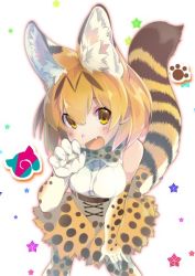 Rule 34 | 10s, 1girl, animal ears, animal print, bare shoulders, blonde hair, blush, bow, bowtie, commentary request, elbow gloves, fang, gloves, hand on own thigh, hand on thigh, high-waist skirt, japari symbol, kemono friends, leaning forward, looking at viewer, open mouth, paw print, serval (kemono friends), serval print, serval tail, shirt, short hair, simple background, skirt, sleeveless, sleeveless shirt, solo, standing, tail, thighhighs, transpot nonoko, white background, white shirt, yellow eyes