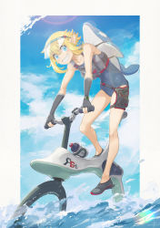 Rule 34 | 1girl, bare legs, bicycle, blonde hair, blue eyes, commentary, day, gloves, grin, highres, inflatable toy, load bearing vest, looking at viewer, original, outdoors, partially fingerless gloves, pointy ears, pouch, school swimsuit, short hair, sky, smile, solo, swimsuit, visor cap, watch, water, wristwatch, yunar