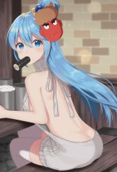 Rule 34 | 10s, 1girl, aqua (konosuba), aran sweater, back, back focus, backless dress, backless outfit, bad id, bad pixiv id, bare back, bare shoulders, blue eyes, blue hair, blurry, blush, breasts, brick wall, butt crack, cable knit, depth of field, dress, eating, ehoumaki, food, food in mouth, food on face, from behind, hair between eyes, halterneck, highres, indoors, izumo neru, kono subarashii sekai ni shukufuku wo!, large breasts, long hair, looking at viewer, looking back, makizushi, mask, mask on head, meme attire, mouth hold, naked sweater, oni mask, ribbed sweater, setsubun, sideboob, sitting, solo, sushi, sweater, sweater dress, thighhighs, turtleneck, turtleneck sweater, virgin killer sweater, white thighhighs