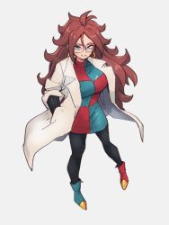 Rule 34 | 1girl, android 21, asymmetrical footwear, blue eyes, blue footwear, breasts, checkered clothes, checkered dress, dragon ball, dragon ball fighterz, dress, earrings, full body, glasses, hand in pocket, hoop earrings, jewelry, kemachiku, lab coat, large breasts, long hair, looking at viewer, mismatched footwear, pantyhose, red footwear, red hair, smile, solo