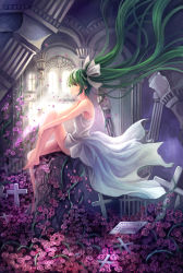 Rule 34 | 1girl, absurdres, bad id, bad pixiv id, barefoot, catsmoon, cross, dress, floating hair, flower, green eyes, green hair, hatsune miku, highres, indoors, long hair, matching hair/eyes, rose, sitting, solo, twintails, very long hair, vocaloid, window