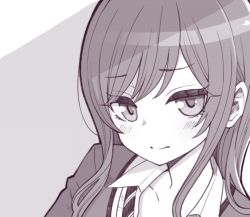 Rule 34 | 1girl, blush, closed mouth, collarbone, collared shirt, from side, greyscale, hanauna, idolmaster, idolmaster shiny colors, jitome, long hair, looking at viewer, loose necktie, monochrome, necktie, osaki amana, portrait, school uniform, shade, shirt, sidelocks, simple background, solo, thick outlines