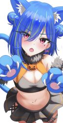 Rule 34 | 1girl, :o, alternate costume, animal ear fluff, animal ears, animal hands, balflear (oe19nlud), bikini, bikini top only, black bikini, black skirt, blue hair, blush, breasts, candy earrings, cat ears, cat girl, cat tail, cleavage, commentary request, cowboy shot, double bun, earrings, eyes visible through hair, fang, fur collar, gloves, green hair, hair between eyes, hair bun, highres, jack-o&#039;-lantern brooch, jewelry, kemonomimi mode, long bangs, looking at viewer, medium breasts, medium hair, miniskirt, mole, mole on stomach, mole under eye, multicolored hair, nanashi inc., open mouth, paw gloves, pink eyes, pleated skirt, simple background, skin fang, skirt, solo, suzumi nemo, swimsuit, tail, two-tone hair, virtual youtuber, white background