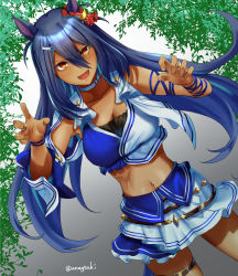 Rule 34 | 1girl, :d, animal ears, aona (anagasaki), armpits, bare shoulders, blue choker, blue hair, blue shirt, blue skirt, breasts, brown eyes, choker, cleavage, collarbone, commentary request, cowboy shot, dark-skinned female, dark skin, dutch angle, ear ornament, fang, frilled skirt, frills, glint, hair between eyes, hair ornament, hairclip, hishi amazon (umamusume), horse ears, horse girl, horse tail, jewelry, large breasts, long hair, looking at viewer, midriff, navel, open mouth, partial commentary, pleated skirt, ring, shirt, sidelocks, single sleeve, skin fang, skindentation, skirt, smile, solo, standing, tail, thigh strap, twitter username, two-tone shirt, two-tone skirt, umamusume, underbust, very long hair, wrist wrap