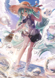 Rule 34 | 1girl, arm up, bare arms, bare shoulders, barefoot, black skirt, blue sky, brown footwear, brown hat, cloud, collared shirt, commentary request, daidou (demitasse), day, dress shirt, green eyes, green hair, green nails, hand on headwear, hat, hatsune miku, highres, holding, holding clothes, holding footwear, horizon, long hair, nail polish, ocean, outdoors, pleated skirt, sandals, shirt, skirt, sky, sleeveless, sleeveless shirt, solo, splashing, straw hat, twintails, unworn sandals, very long hair, vocaloid, water, white shirt