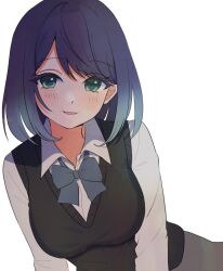 Rule 34 | 1girl, :d, black sweater vest, blue bow, blue bowtie, blue hair, blush, bow, bowtie, breasts, collared shirt, commentary, eyelashes, eyes visible through hair, green eyes, highres, kurokawa akane, large breasts, long sleeves, looking at viewer, medium hair, open mouth, oshi no ko, school uniform, shirt, simple background, smile, solo, straight hair, sweater vest, swept bangs, tsurime, upper body, white background, white shirt, yuno ff