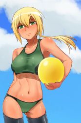 Rule 34 | 1girl, abs, ball, bikini, blonde hair, breasts, cameltoe, cloud, covered erect nipples, day, green eyes, hanna rudel, highres, kunashiri (etorofu), large breasts, midriff, navel, ponytail, scar, solo, strike witches, strike witches: suomus misfits squadron, swimsuit, tan, tankini, tanline, thighhighs, world witches series