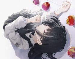 Rule 34 | 1542 700, 1girl, absurdres, apple, bitten apple, black dress, black hair, closed eyes, collared shirt, commentary, dress, drop shadow, eyelashes, food, food bite, foreshortening, frilled dress, frills, from above, fruit, hair behind ear, hair between eyes, highres, long hair, long sleeves, lying, natsume ai, on side, parted lips, pinafore dress, puffy long sleeves, puffy sleeves, red apple, sakura no toki, sakura no uta, shirt, simple background, sleeping, sleeveless, sleeveless dress, solo, straight hair, white background, white shirt