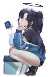 Rule 34 | 1girl, black shirt, blazpu, blue archive, blue buruma, blue jacket, bottle, breasts, buruma, cooler, cube, half updo, halo, highres, jacket, long hair, long sleeves, looking at viewer, medium breasts, off shoulder, official alternate costume, open mouth, parted bangs, partially unzipped, ponytail, purple eyes, purple hair, shirt, shoes, sidelocks, sneakers, solo, squatting, star sticker, sticker on face, track jacket, water bottle, yuuka (blue archive), yuuka (track) (blue archive)