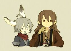 Rule 34 | 2boys, ahoge, androgynous, animal ears, averting eyes, brown background, brown eyes, brown hair, brown kimono, closed mouth, commentary request, cropped torso, dot nose, grey eyes, grey hair, grin, hand up, haori, japanese clothes, jitome, kagari (maniani), katana, kimono, long hair, male focus, maniani, multiple boys, obi, original, rabbit ears, red scarf, sash, scarf, short hair, simple background, smile, sword, thick eyebrows, weapon, yasuke (maniani)