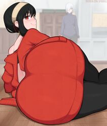 Rule 34 | 2girls, afrobull, ass, ass focus, black hair, dress, fiona frost, highres, huge ass, looking at viewer, looking back, multiple girls, on floor, red dress, red eyes, smile, spy x family, white hair, yor briar