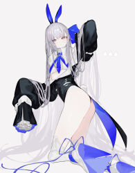 Rule 34 | 1girl, absurdres, animal ears, blue eyes, blue ribbon, boots, cropped shirt, fake animal ears, fake tail, fate/extra, fate/extra ccc, fate (series), grey hair, highres, kneeling, long hair, looking at viewer, meltryllis (fate), pith u, rabbit ears, rabbit tail, ribbon, sleeves past fingers, sleeves past wrists, solo, tail, very long hair