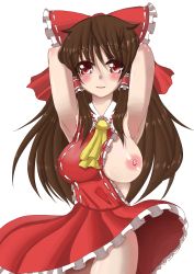 Rule 34 | 1girl, armpits, arms behind head, arms up, blush, bow, breast slip, breasts, brown hair, female focus, hair between eyes, hair bow, hair tubes, hakurei reimu, highres, large breasts, meido yomi, nipples, no bra, one breast out, red eyes, solo, touhou