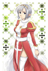 Rule 34 | 1girl, asymmetrical hair, blue eyes, closed mouth, commentary request, cross, dress, feet out of frame, grey hair, hair between eyes, hairband, high priest (ragnarok online), juliet sleeves, kuzuki (ray), long sleeves, looking at viewer, patterned background, pointy ears, puffy sleeves, ragnarok online, red dress, sash, short hair, solo, thighhighs, two-tone dress, white background, white dress, white sash, white thighhighs