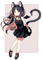 Rule 34 | 1girl, animal ear fluff, animal ears, black dress, black footwear, black hair, black hairband, black wings, blush, breasts, brown background, brown eyes, brown hair, cat ears, cat girl, cat tail, closed mouth, collarbone, commentary request, daidai ookami, dress, fake horns, frilled dress, frills, full body, hairband, highres, horns, long hair, looking at viewer, mini wings, multicolored hair, neck ribbon, original, red ribbon, ribbon, shoes, sleeveless, sleeveless dress, small breasts, solo, standing, tail, two-tone background, two-tone hair, very long hair, white background, wings