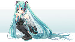 Rule 34 | 1girl, absurdly long hair, aqua eyes, aqua hair, aqua nails, aqua necktie, bare shoulders, black skirt, black sleeves, black thighhighs, boots, commentary, detached sleeves, from side, full body, grey shirt, grin, hair ornament, hatsune miku, headphones, headset, long hair, looking at viewer, miniskirt, nail polish, necktie, own hands together, pleated skirt, shirt, shoulder tattoo, skirt, sleeveless, sleeveless shirt, smile, solo, squatting, sudachi (calendar), tattoo, thigh boots, thighhighs, twintails, very long hair, vocaloid, zettai ryouiki